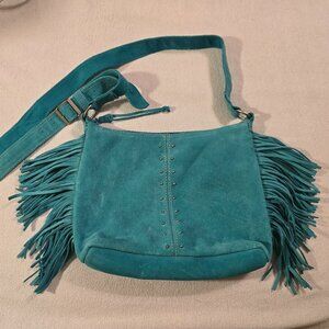 MINNETONKA Teal Suede Leather Fringed Shoulder Crossbody Bag Adjustable Strap